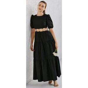 Charlie Holiday Anthropologie Black Andrea Maxi Dress O-Ring Belt Linen Blend 6